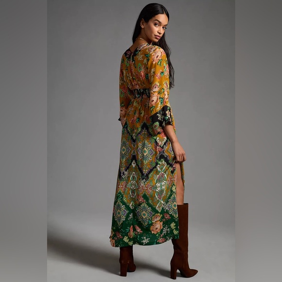 Anthropologie Printed V-Neck Maxi Dress Women's 4 Bohemian Floral Kimono Sleeve - Picture 2 of 16